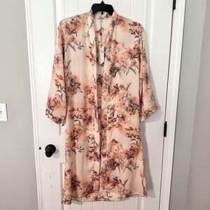 Gimmicks Coral Floral Boho Side Slits Open Front Duster Kimono Womens Size Small